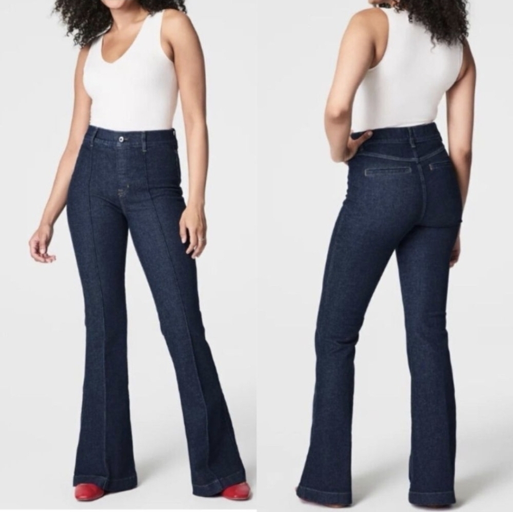 SPANX Pintuck Flare Pull on Jean in Dark Wash Indigo Soft Tummy Control Denim